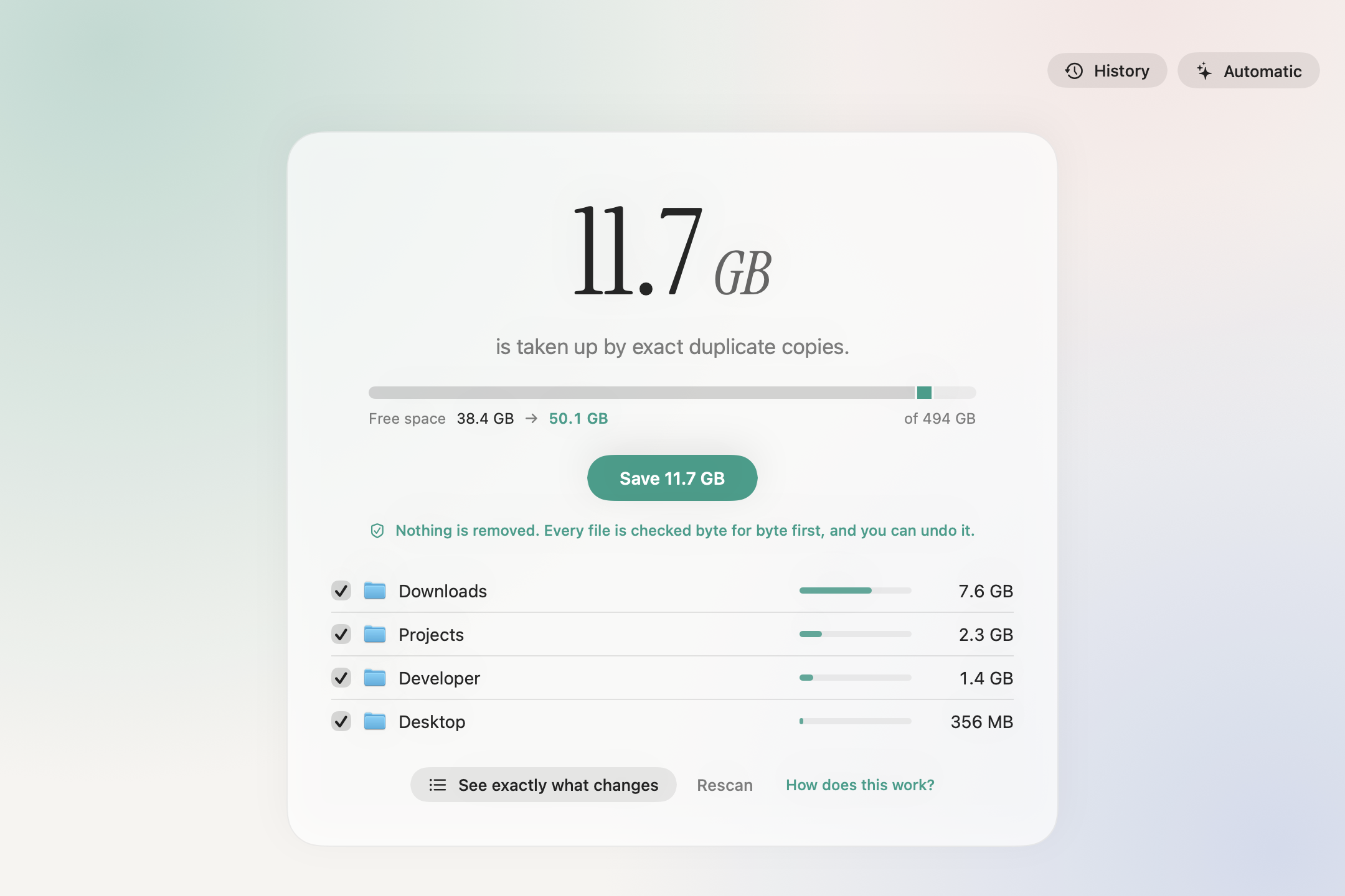 Twinfold showing 11.7 GB of identical files, broken down by kind and folder, with every copy listed